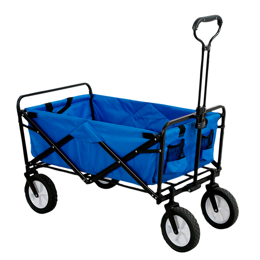Carrito portátil tipo wagon color azul con estructura plegable y ruedas resistentes, vista frontal