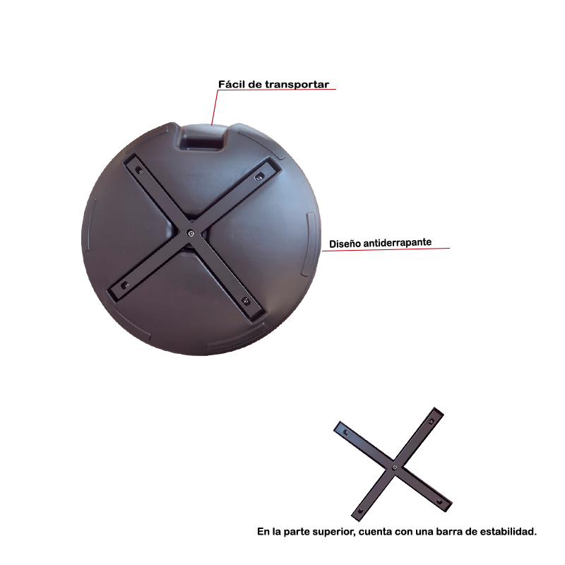 Base redonda plástica para sombrilla con soporte en cruz, ideal para jardín y terraza