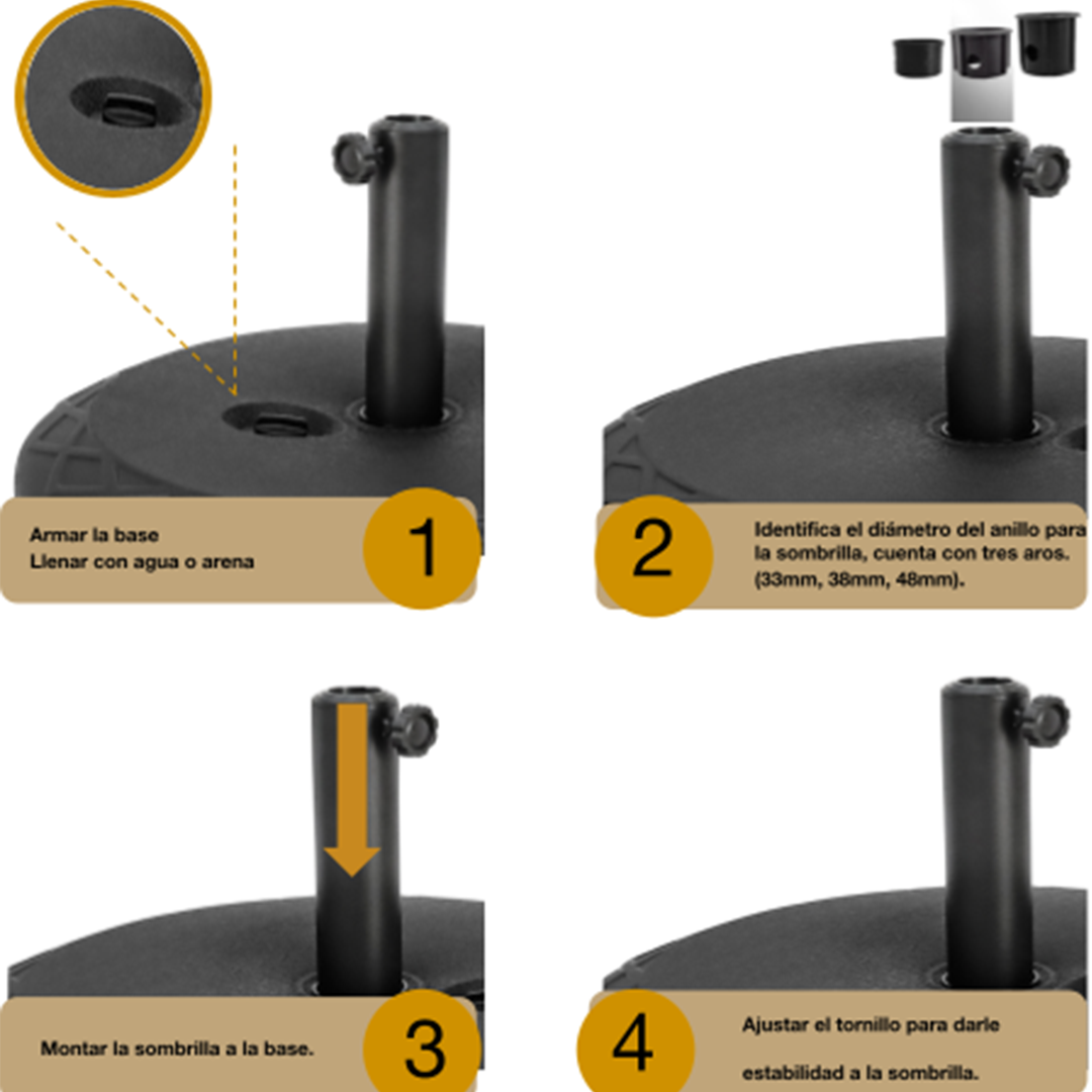 Base redonda plástica para sombrilla con soporte en cruz, ideal para jardínes y terrazas