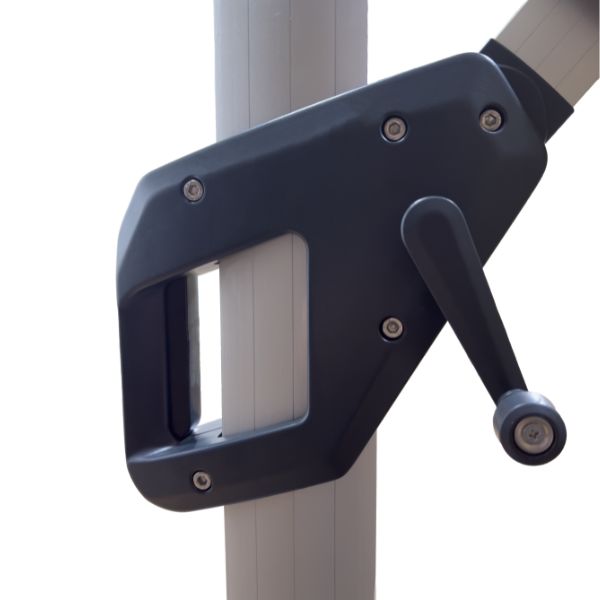 Detalle de manivela de apertura sombrilla Venecia beige cuadrada 4x4m – Sombrillas México